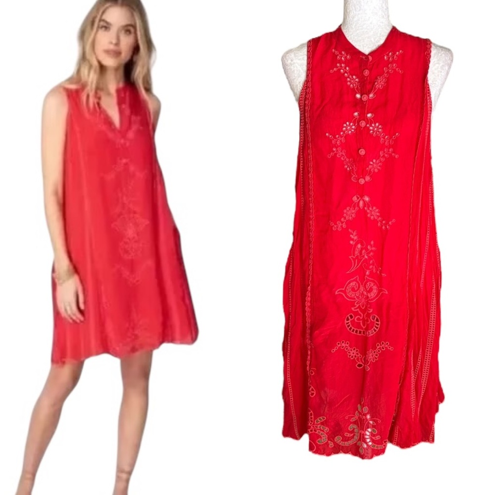 Johnny Was Rhodes Scarlett Red Embroidered Eyelet Lace Sleeveless Mini Dress   M
